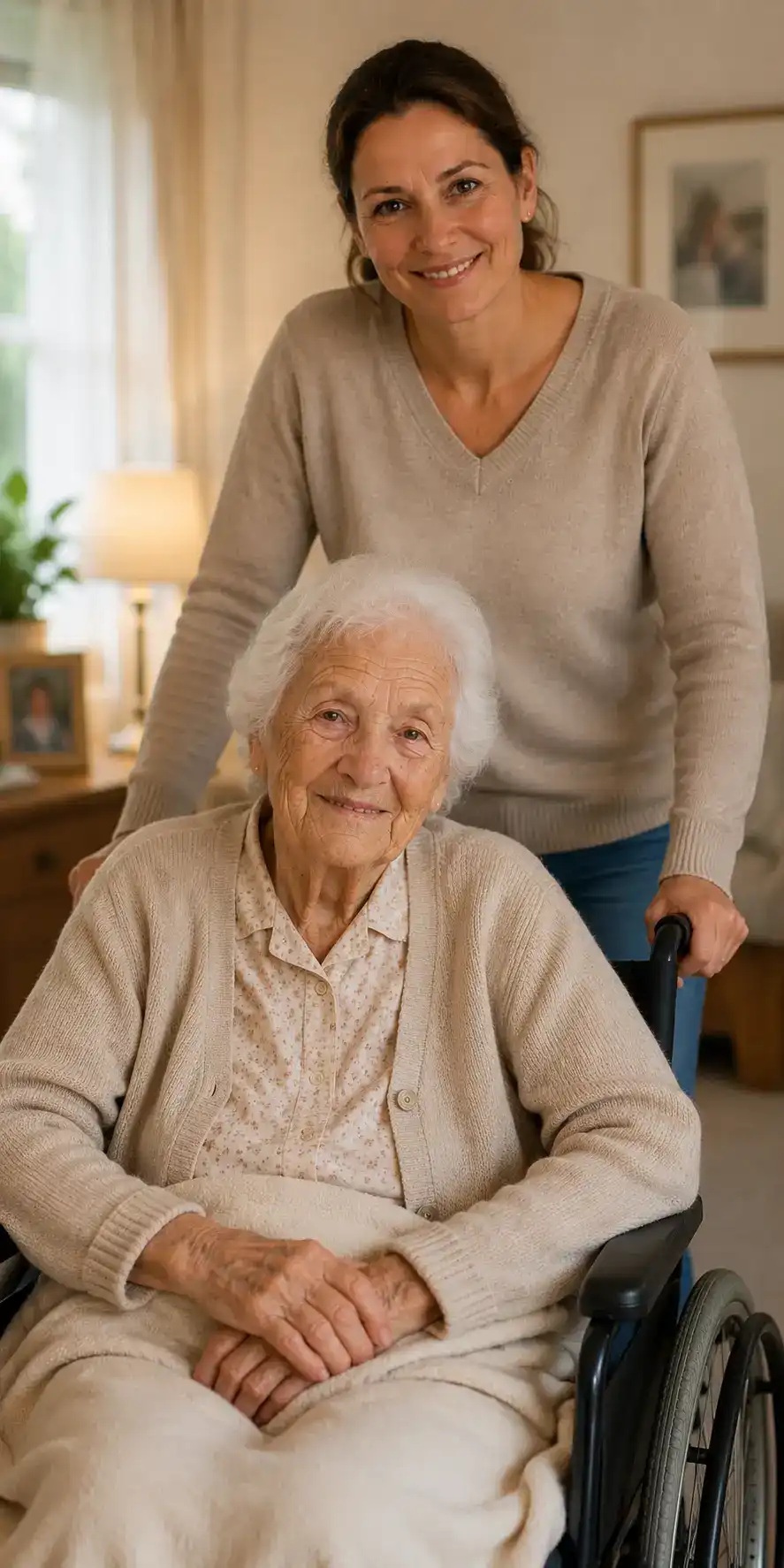 Pflegefachkraft im Gespräch mit einer Seniorin
