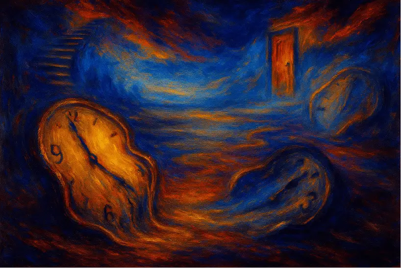 Malerei mit surreal verzerrten Uhren vor blau-orangen Hintergrund, als symbolische Darstellung von Zeitverlust und Verwirrung bei Demenz.