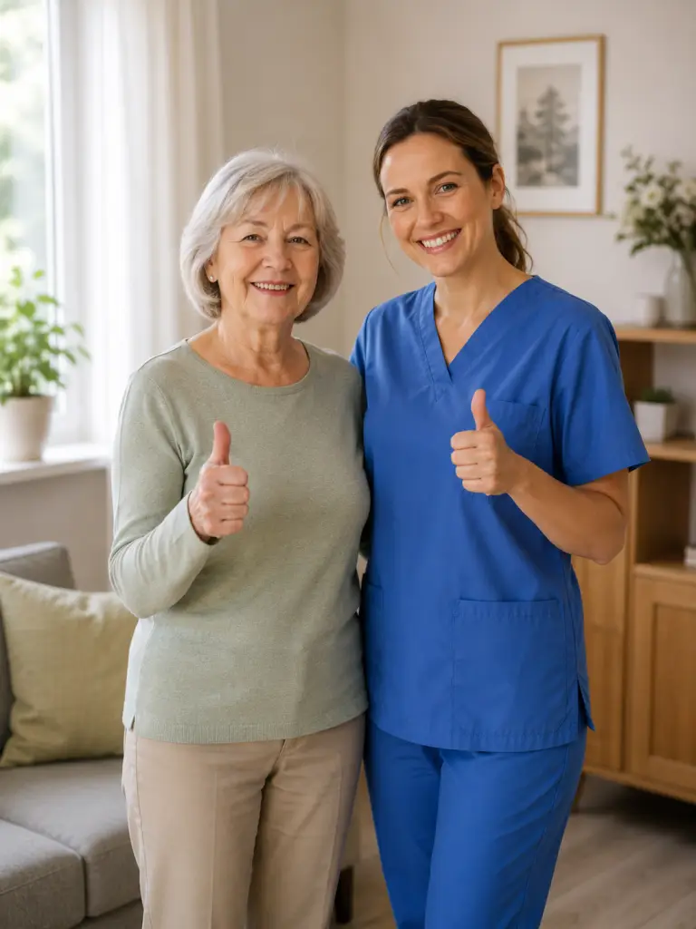 Seniorin und Pflegekraft im Wohnzimmer, beide zeigen zufrieden den Daumen nach oben