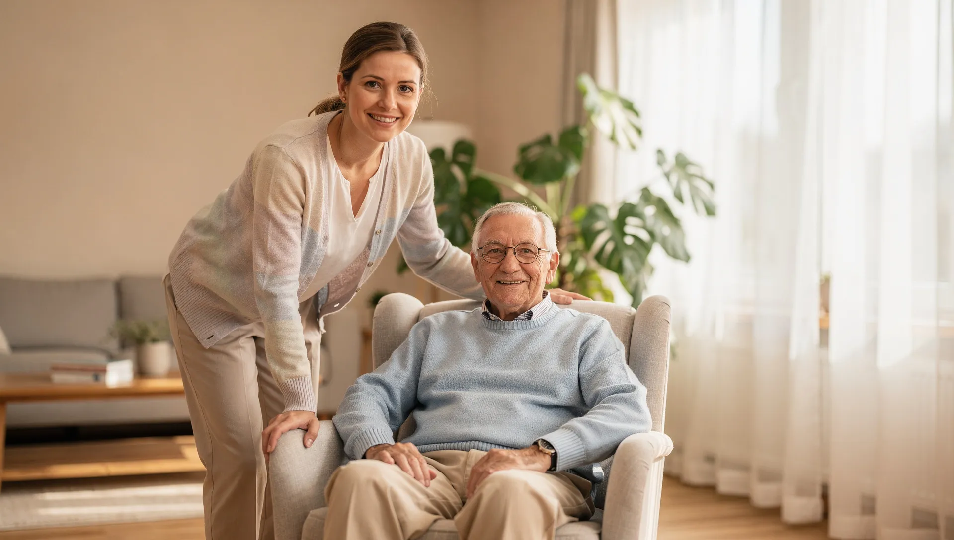 Angehörige steht neben einem älteren Mann in seinem Sessel im Wohnzimmer