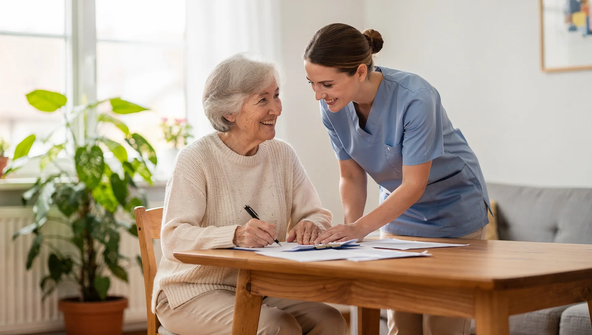 Seniorin füllt mit Unterstützung einer Pflegekraft Unterlagen aus