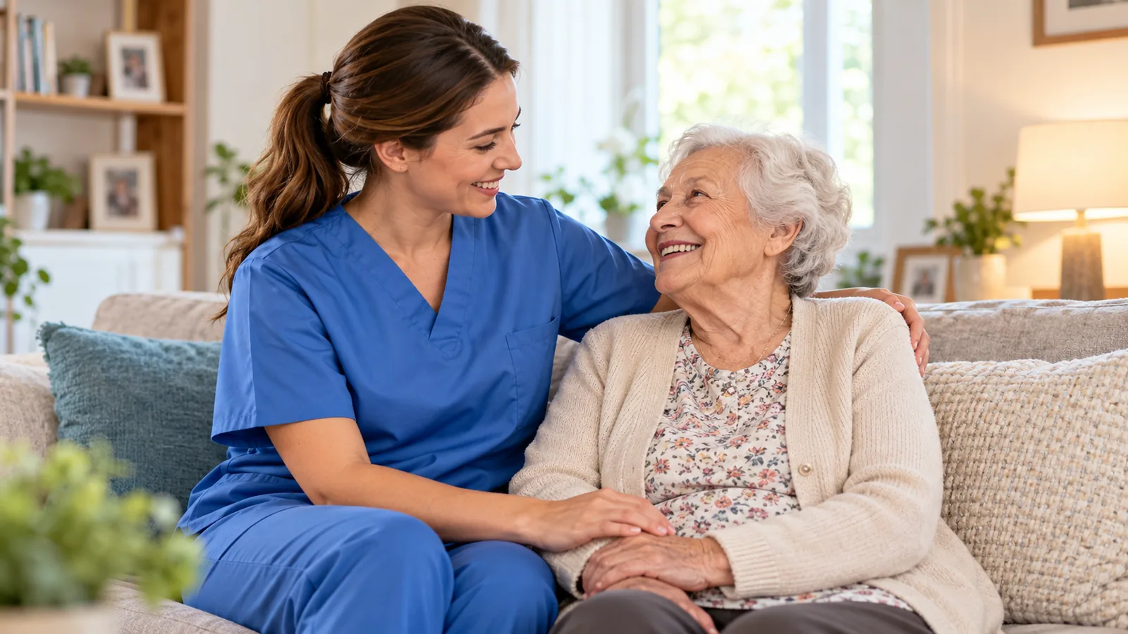 Pflegekraft von Ihr Team 24 Pflegedienst im Gespräch mit einer Seniorin zu Hause