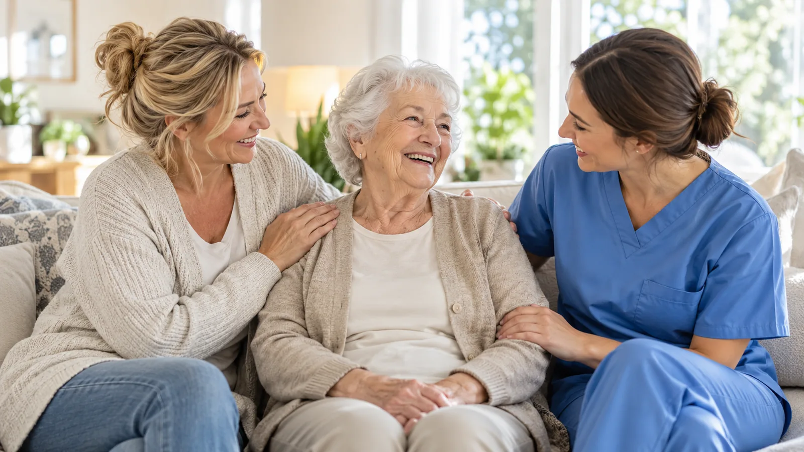 Pflegekraft von Ihr Team 24 mit Seniorin und Tochter bei einem Hausbesuch