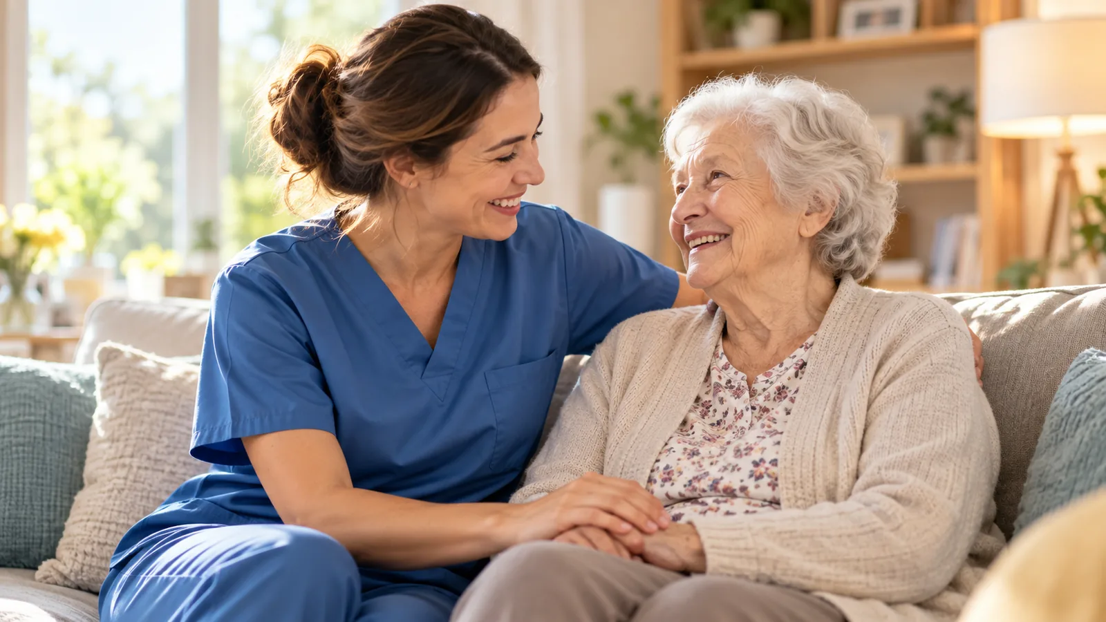 Vertrauensvolles Gespräch zwischen Pflegekraft und Seniorin