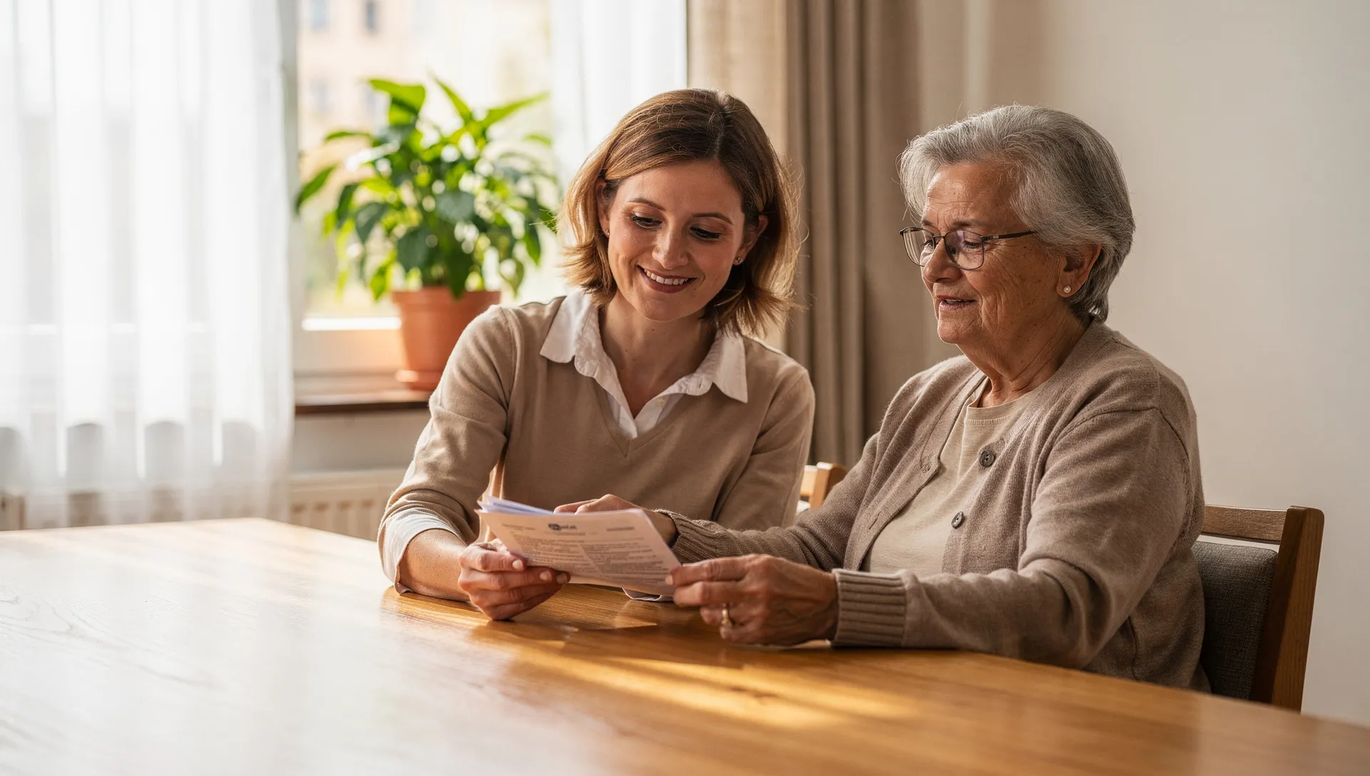 Ältere Frau und Angehörige besprechen zu Hause die Leistungen der Pflegekasse
