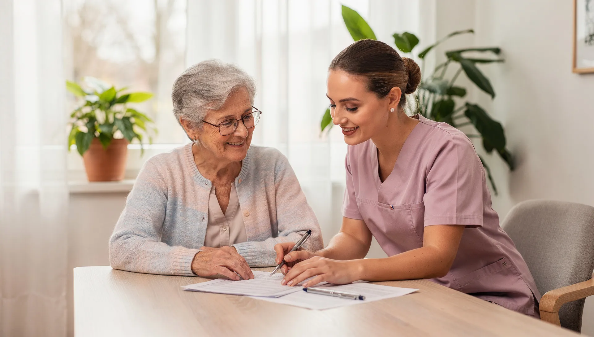 Seniorin erhält im Alltag Unterstützung durch eine Alltagshelferin