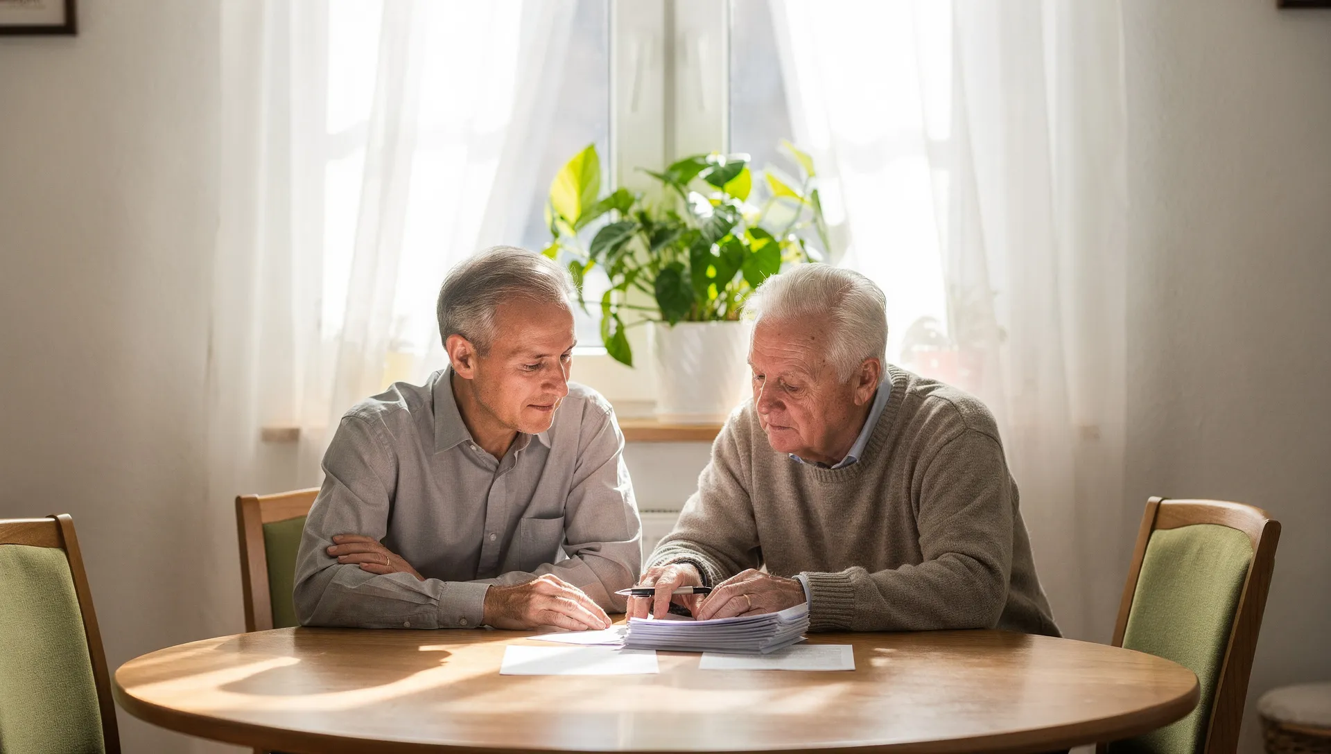 Erwachsener Sohn sitzt neben seiner älteren Mutter im Wohnzimmer und bespricht Unterlagen
