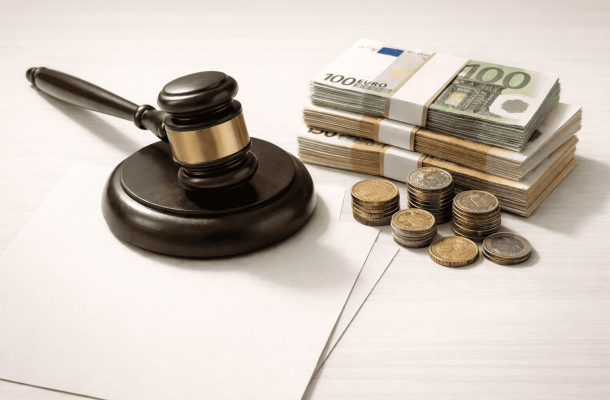 Alttext: Gerichtshammer, Geldscheine und Münzen symbolisieren Pflegekosten und Rechtsprechung.