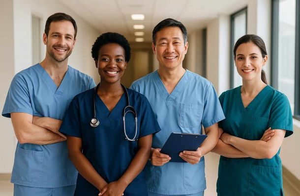 Vier lächelnde Pflegekräfte unterschiedlicher Herkunft stehen im Klinikflur – Symbolbild für internationale Fachkräfte in der Pflege