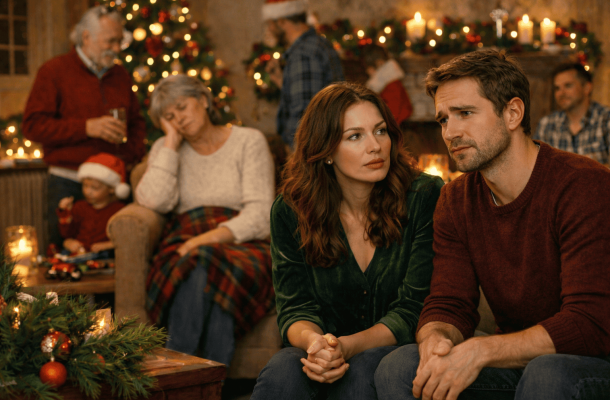 Familie sitzt an Weihnachten zusammen, während ein älteres Familienmitglied erschöpft wirkt; ein Paar im Vordergrund schaut besorgt – Symbolbild für erkannten Pflegebedarf rund um die Feiertage und den Wunsch nach verlässlicher Betreuung zu Hause.