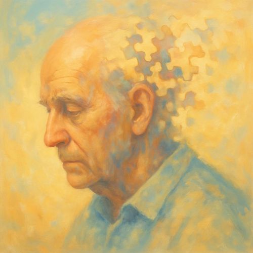 Gemälde eines älteren Mannes im Profil, dessen Kopf sich nach hinten in auflösende Puzzle-Teile verwandelt – symbolisiert Gedächtnisverlust und Demenz.