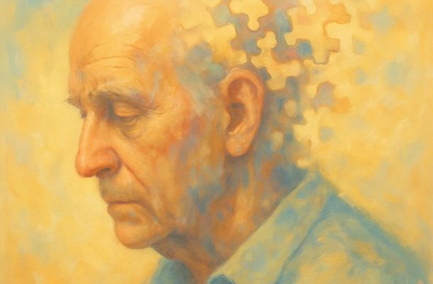 Gemälde eines älteren Mannes im Profil, dessen Kopf sich nach hinten in auflösende Puzzle-Teile verwandelt – symbolisiert Gedächtnisverlust und Demenz.