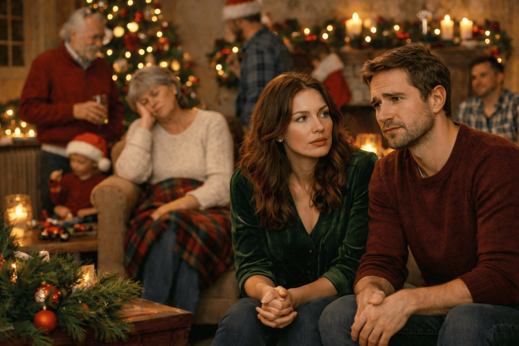 Familie sitzt an Weihnachten zusammen, während ein älteres Familienmitglied erschöpft wirkt; ein Paar im Vordergrund schaut besorgt – Symbolbild für erkannten Pflegebedarf rund um die Feiertage und den Wunsch nach verlässlicher Betreuung zu Hause.