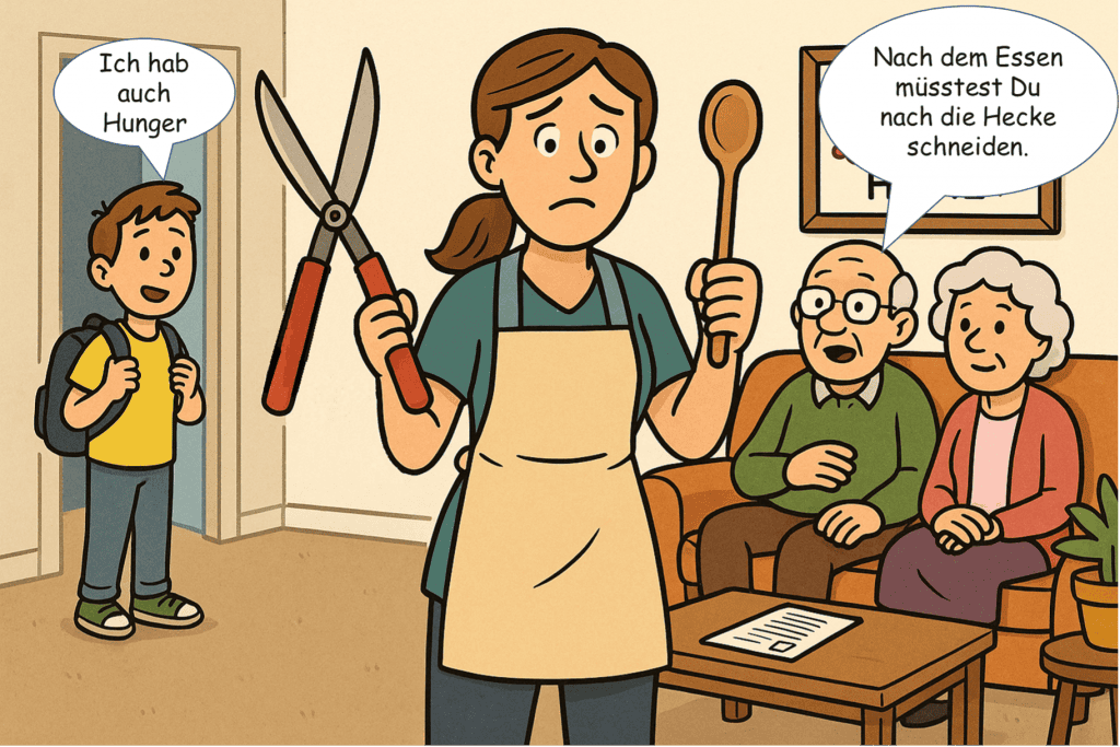 Karikatur einer überforderten Betreuungskraft mit Kochlöffel und Heckenschere, die gleichzeitig kochen, Kinder versorgen und Gartenarbeit übernehmen soll – symbolisiert die offensichtlichen Grenzen der 24h Betreuung.