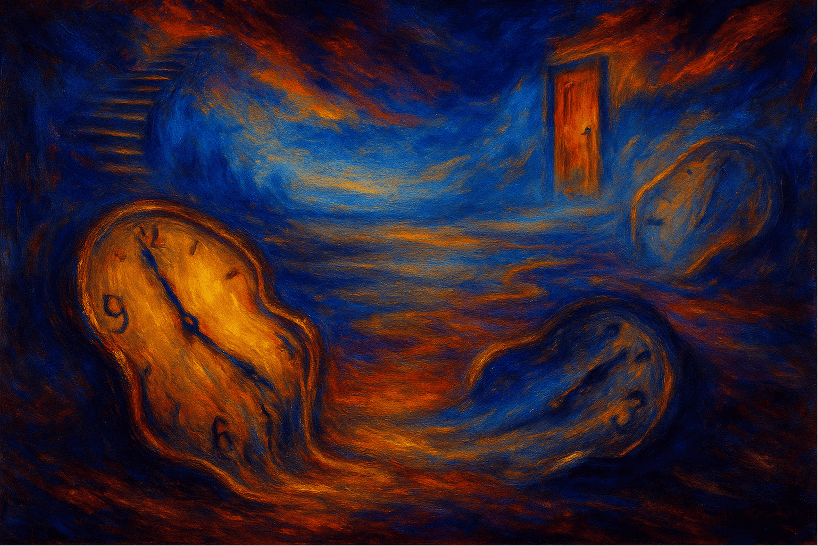 Malerei mit surreal verzerrten Uhren vor blau-orangen Hintergrund, als symbolische Darstellung von Zeitverlust und Verwirrung bei Demenz. 