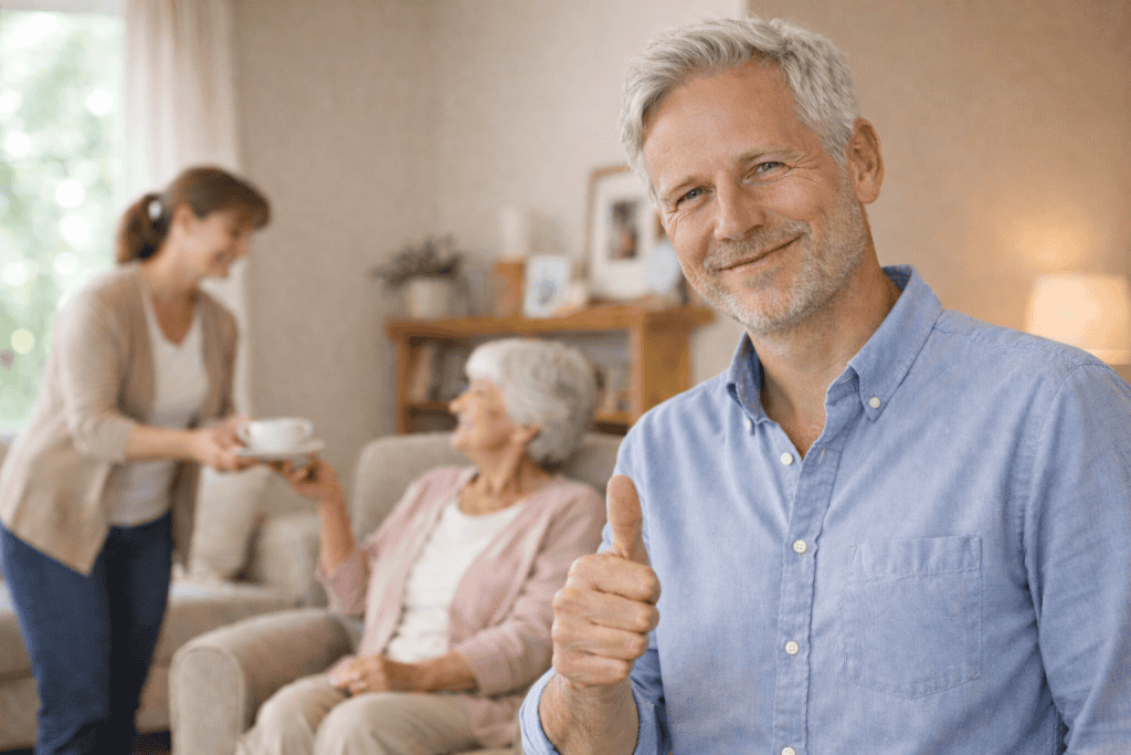 Ein glücklicher Sohn mit seiner Mutter und ihrer Betreuungskraft, die ihr Tee bringt Sinnbild für Pflege Zuhause.