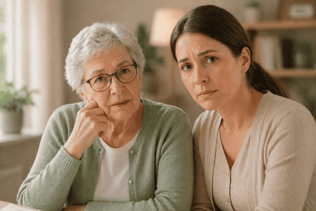 Eine Mutter und ihre Tochter schauen unsicher in die Kamera wegen der möglichen Maßnahmen der Pflegereform 2026.