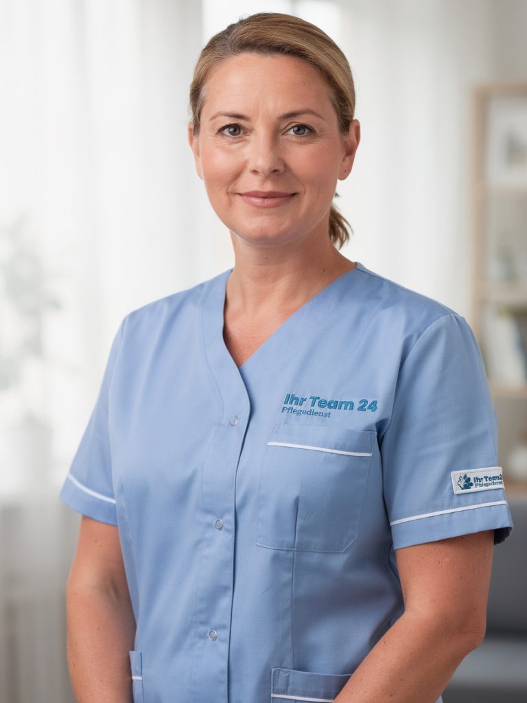 Lachende Pflegerin in blauer Uniform mit "Ihr Team 24 Pflegedienst"-Logo.