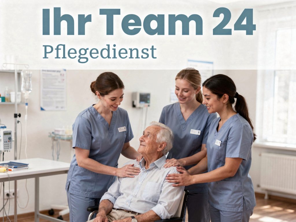 Drei lächelnde Pflegerinnen kümmern sich um einen älteren Mann im Rollstuhl.