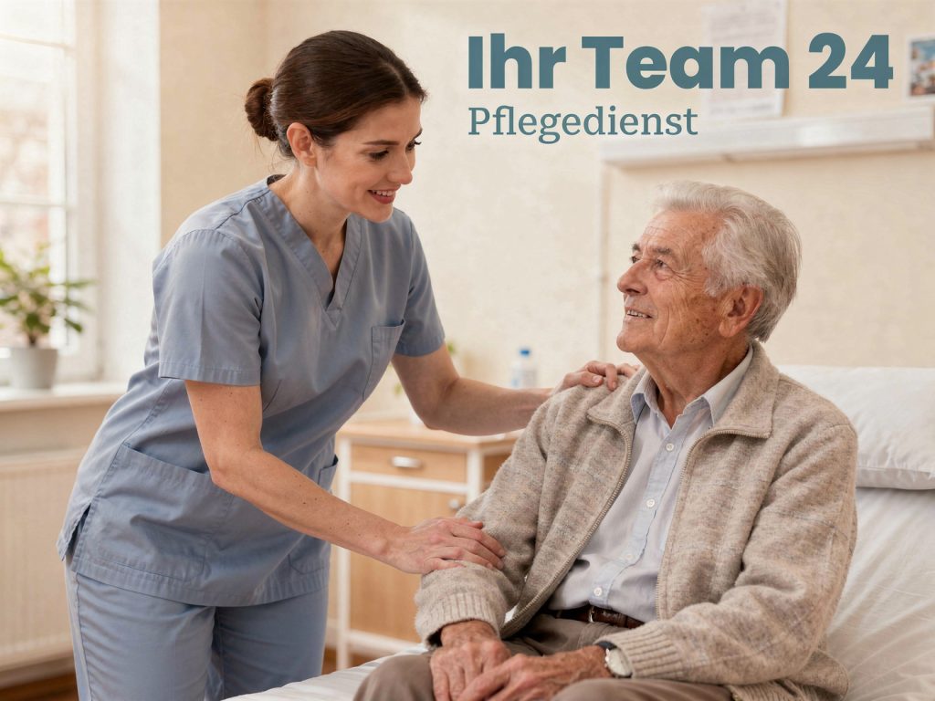 Pflegekraft in blauer Uniform lächelt einen älteren Mann im Bett an und hält seine Hand.