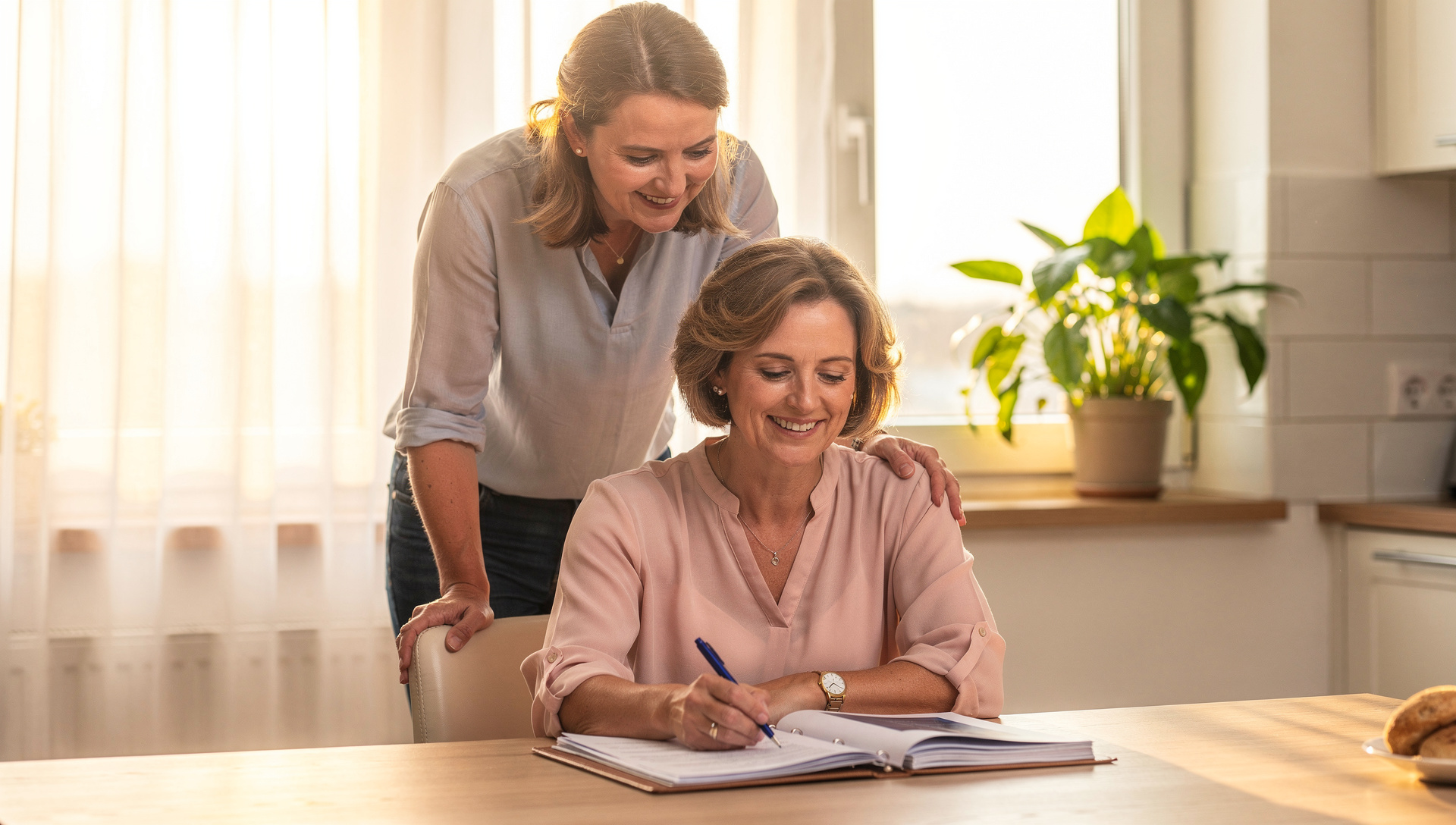 Pflegeberaterin erklärt einem älteren Paar die nächsten Schritte nach der Einstellung des Pflegegelds