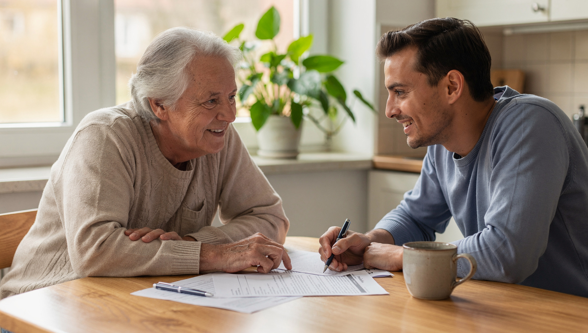 Seniorin bespricht ihren Rentenbescheid mit einem Angehörigen im Wohnzimmer