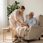 Betreuungskraft deckt einen älteren Mann im Sessel mit einer Decke zu