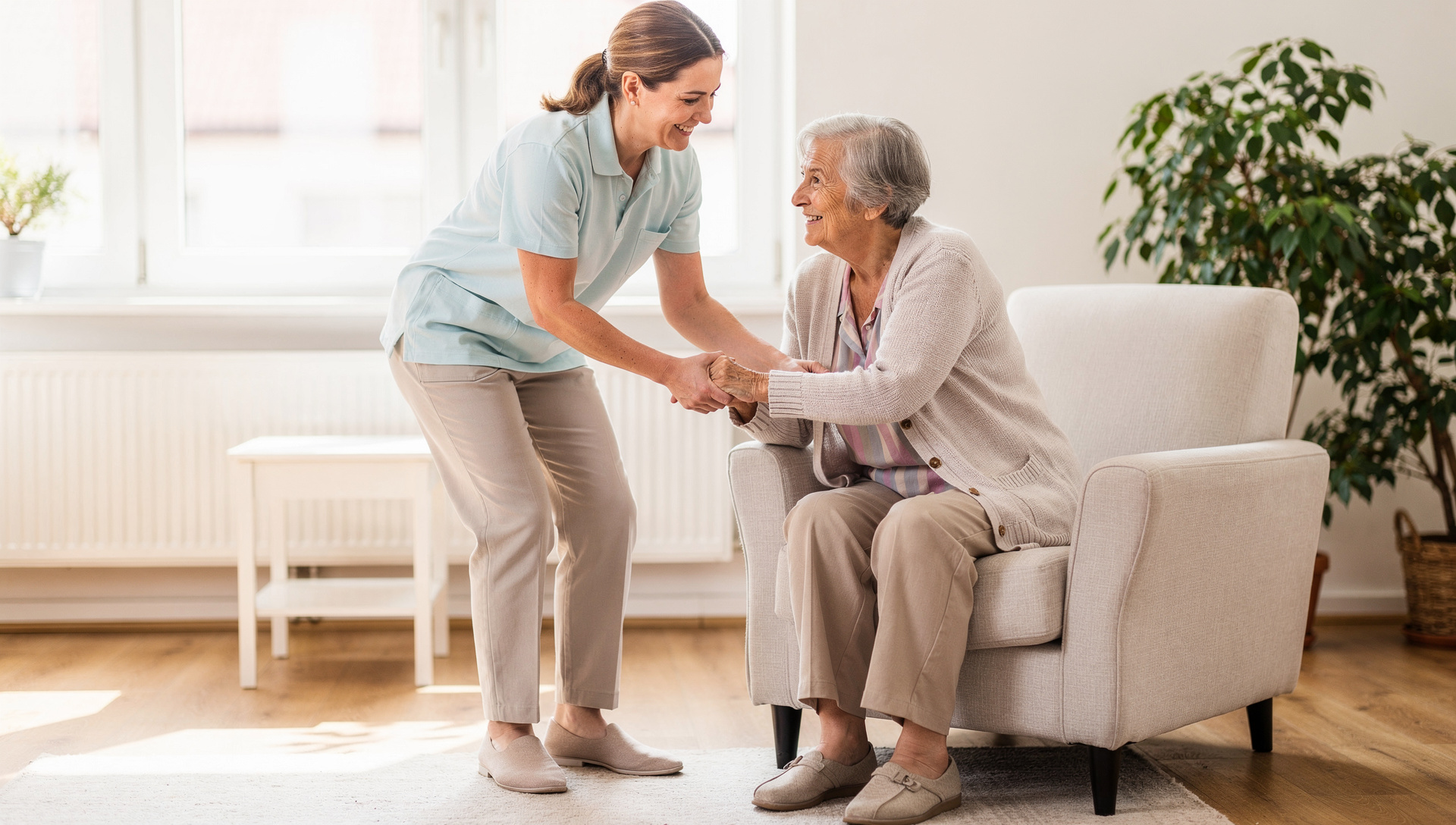 Betreuungskraft hilft einer Seniorin beim Aufstehen aus dem Sessel