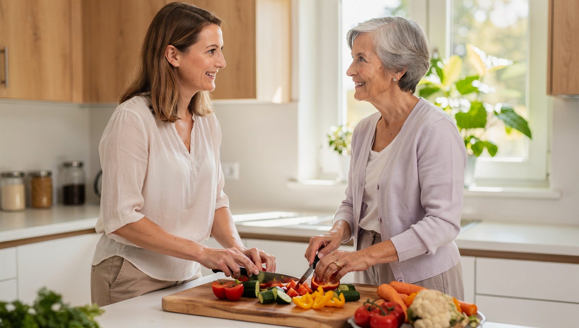Betreuungskraft und Seniorin bereiten gemeinsam eine Mahlzeit zu