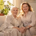 Seniorin und ihre erwachsene Tochter sitzen gemeinsam auf dem Sofa im Wohnzimmer