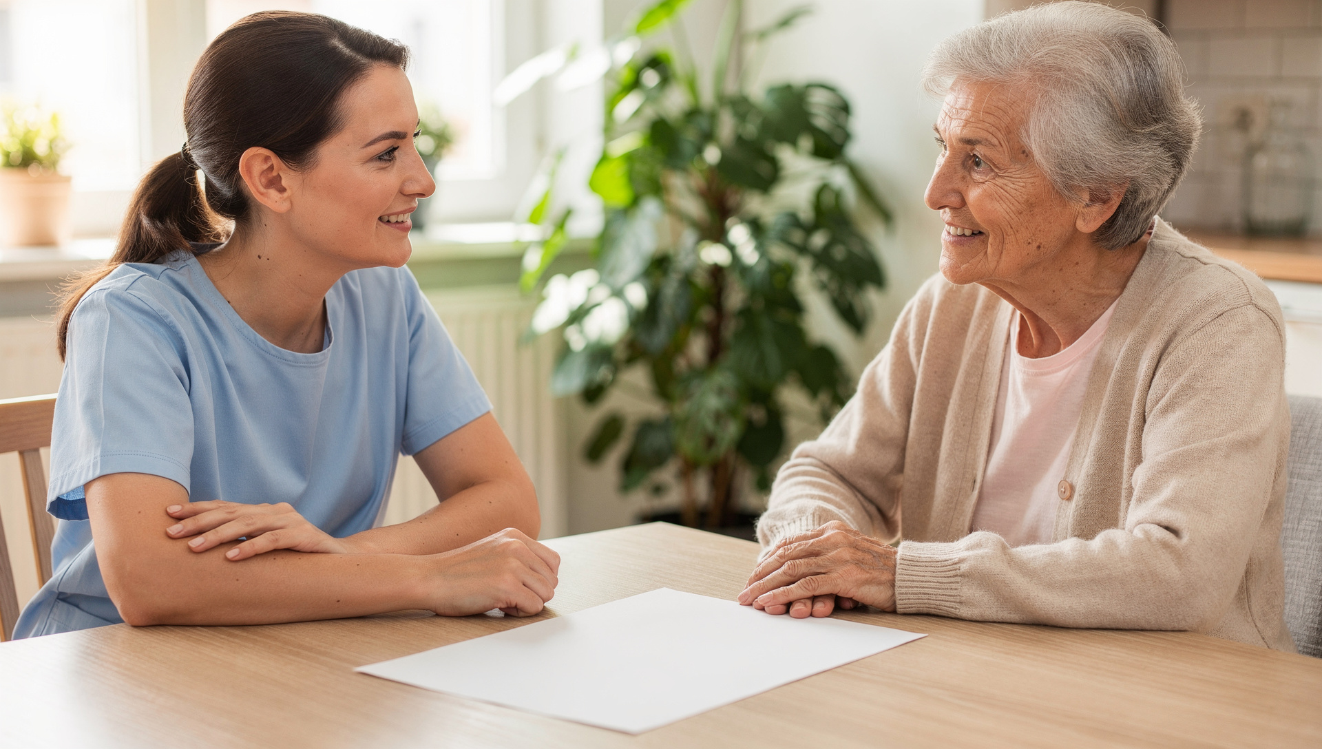 Betreuungskraft und Seniorin im Gespräch am Küchentisch