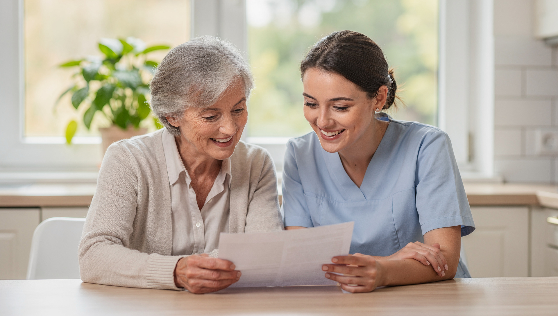 Seniorin und Pflegekraft lesen gemeinsam ein Schreiben der Pflegekasse