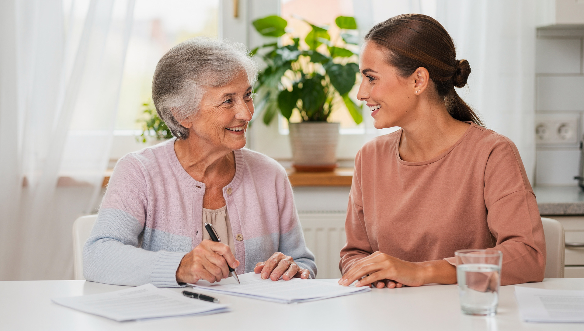 Seniorin unterschreibt ein Dokument, eine Angehörige sitzt daneben