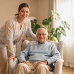 Angehörige steht neben einem älteren Mann in seinem Sessel im Wohnzimmer