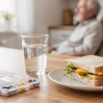 Wochenbox mit vollen Fächern und unberührtes Brot auf dem Küchentisch — Medikamente und Essen vergessen