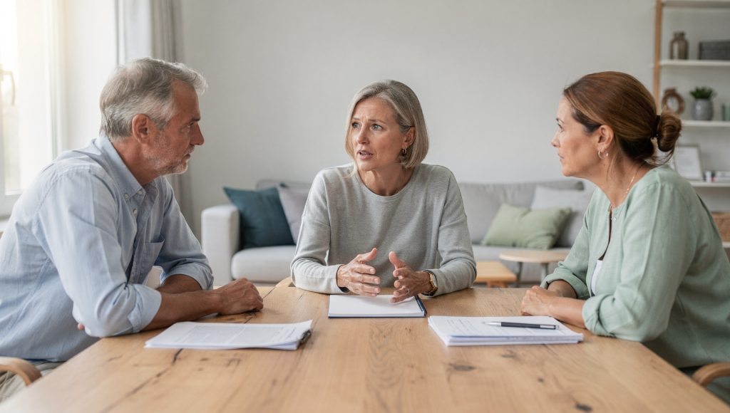 Drei Geschwister besprechen am Tisch die Betreuung der Eltern
