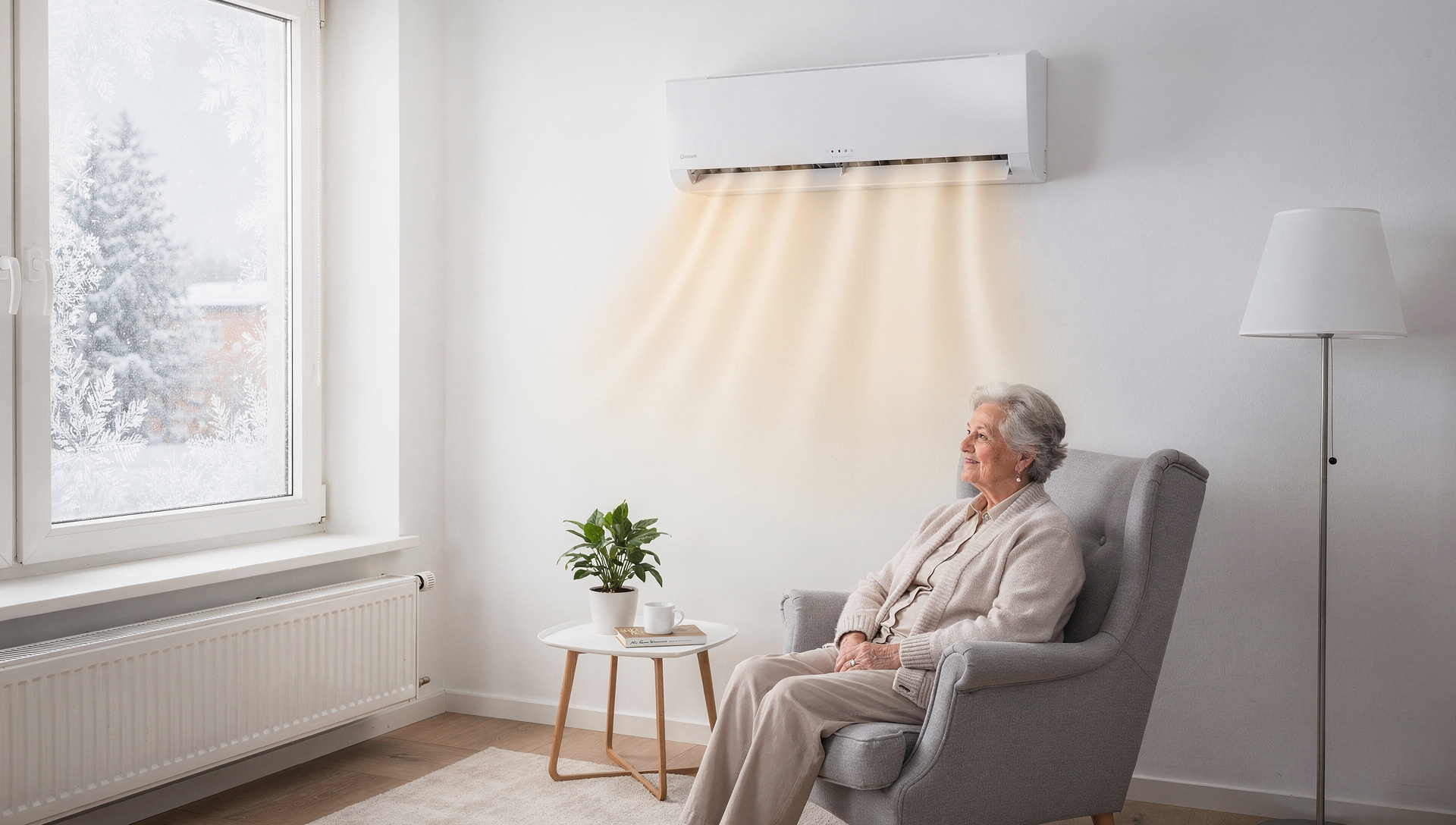 Klimaanlage mit Heizfunktion im Wohnzimmer einer Seniorin im Winter