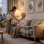 Seniorin mit Demenz blickt auf Wanduhr, Tochter schaltet Lampe ein