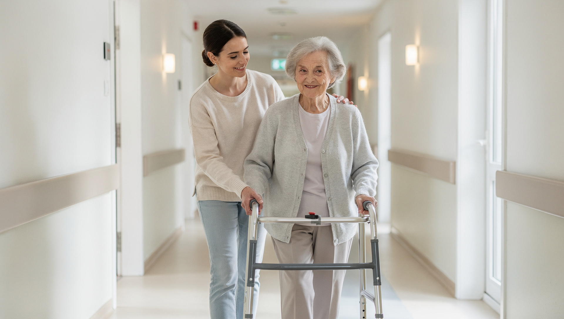 Betreuungskraft begleitet eine Seniorin mit Demenz durch den Flur — Betreuung zu Hause bei Pflegegrad 4
