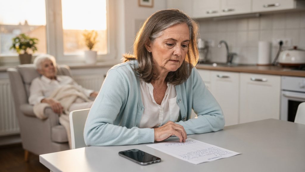 Tochter sitzt mit Notizzettel in der Küche ihrer Mutter — Mama kann nicht mehr alleine bleiben, was jetzt?