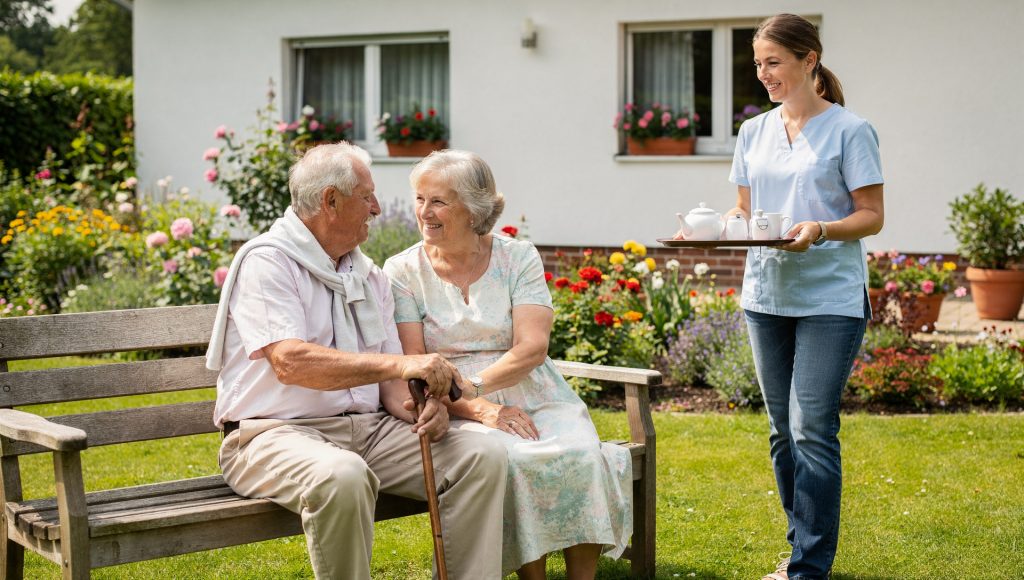 Ehepaar im Garten seines Hauses mit Betreuungskraft — 24-Stunden-Pflege für zwei Personen