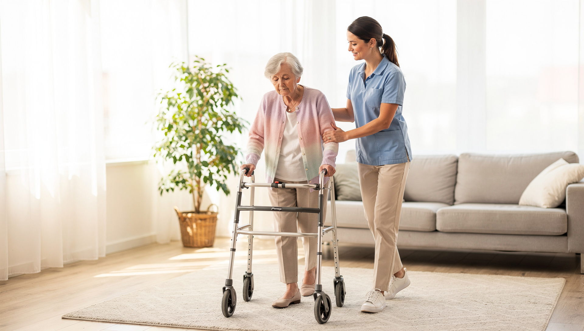 Seniorin geht mit Rollator, eine Betreuungskraft stützt sie