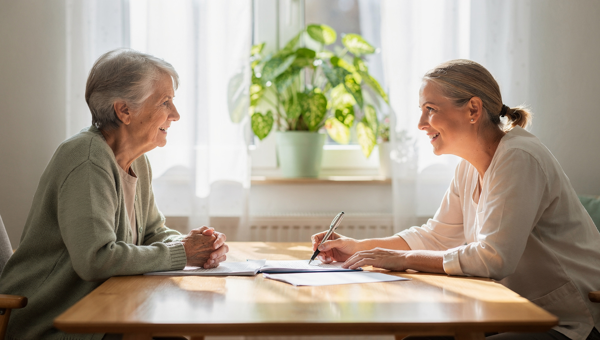Pflegende Angehörige und ältere Person besprechen finanzielle Fragen zu Hause