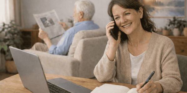 Eine Tochter will die Pflege organisieren am Telefon und vor dem Laptop. Im Hintergrund sieht man den Vater, Zeitung lesen.
