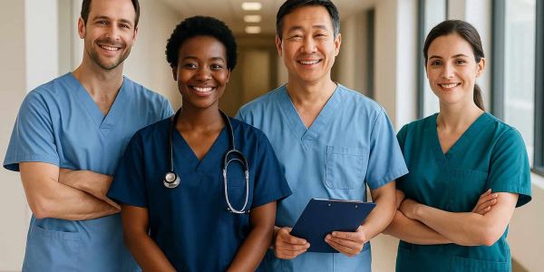 Vier lächelnde Pflegekräfte unterschiedlicher Herkunft stehen im Klinikflur – Symbolbild für internationale Fachkräfte in der Pflege