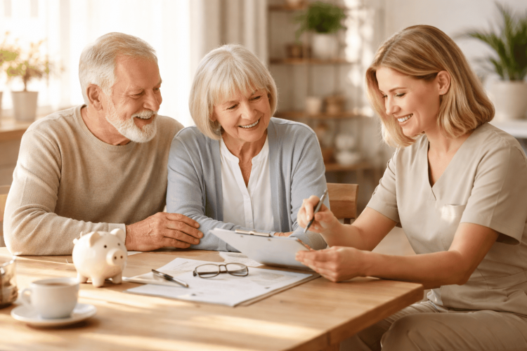 Ein älteres Ehepaar bei einer Beratung für eine private Pflegeversicherung.