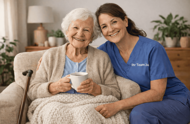 Eine ältere Dame lächelt gemeinsam mit ihrer Betreuungskraft.
