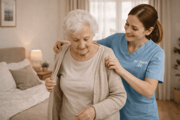 Pflegefachkraft unterstützt eine Seniorin beim Ankleiden im häuslichen Umfeld
