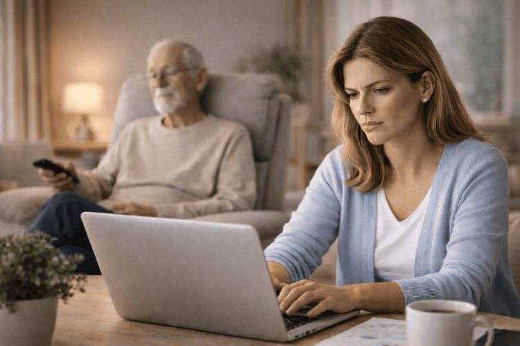 Tochter sucht am Laptop nach 24-Stunden-Pflege während Vater im Hintergrund TV sieht.