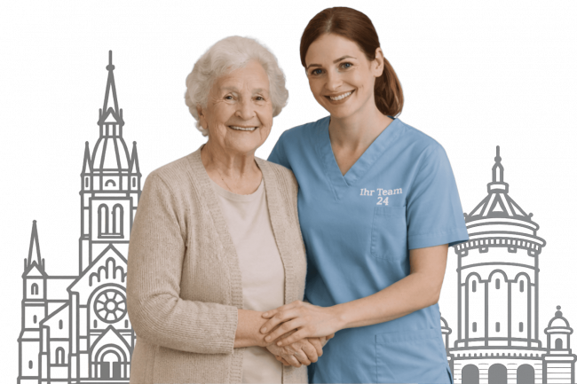 Pflegefachkraft steht gemeinsam mit einer Seniorin für ambulante Pflege in Mannheim und Ludwigshafen
